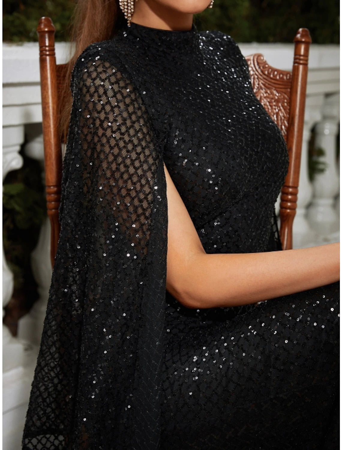 Mermaid / Trumpet Evening Party Dress Sparkle & Shine Dress Formal Floor Length Sleeveless High Neck Sequined with Glitter Pleats