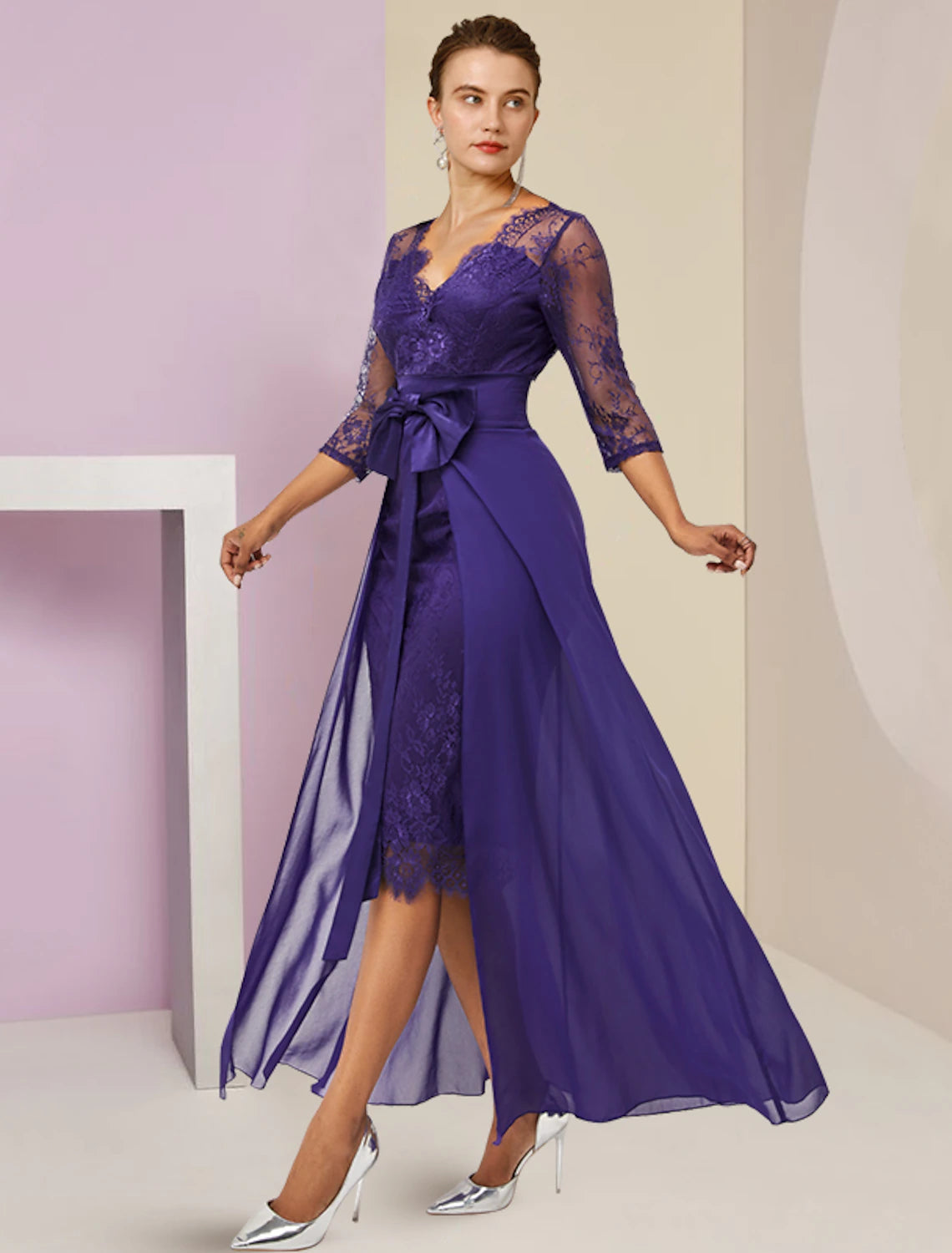 Two Piece Sheath / Column Mother of the Bride Dress Formal Fall Wedding Guest Elegant detachable V Neck Knee Length Chiffon Lace 3/4 Length Sleeve with Bow(s) 2023