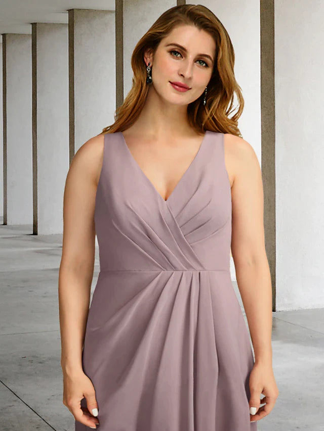 Two Piece A-Line Plus Size Curve Mother of the Bride Dresses Elegant Dress Formal Floor Length Sleeveless V Neck Chiffon with Pleats Ruffles