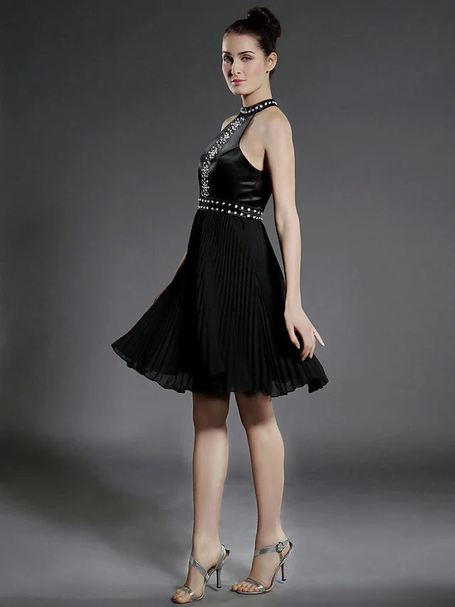 DingjiBall Gown Little Black Dress Dress Holiday Knee Length Sleeveless High Neck Chiffon with Pleats Beading