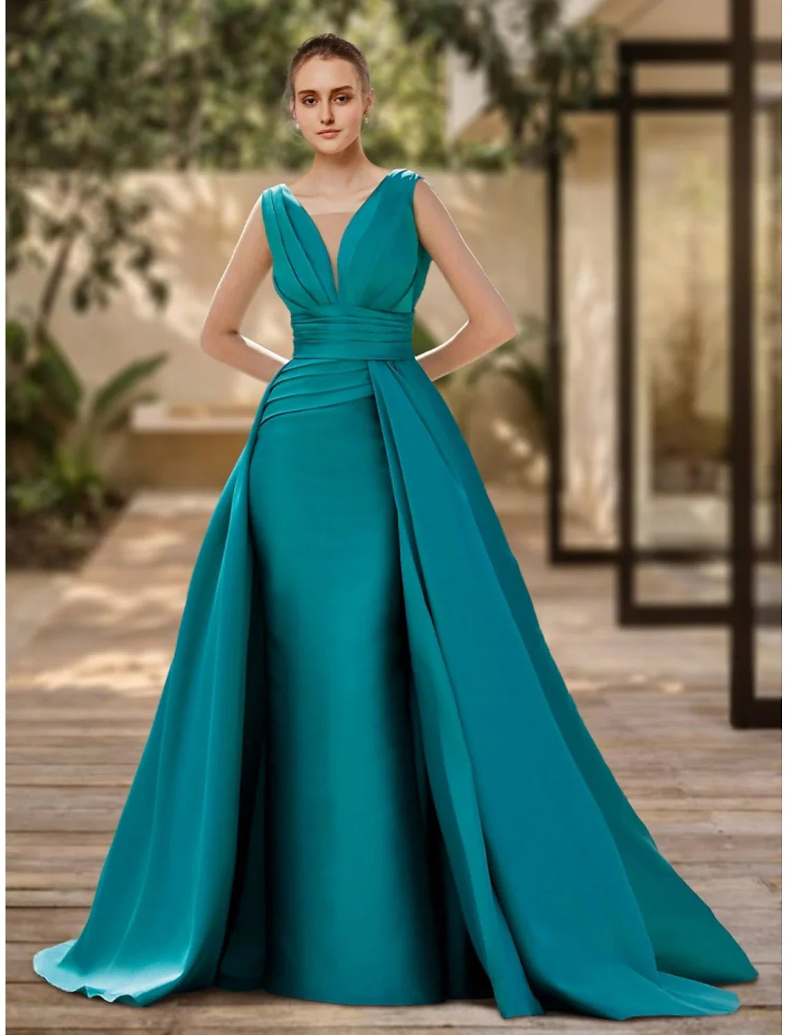 DingjiA-Line Evening Gown Elegant Dress Formal Sweep / Brush Train Christmas Red Green Dress Sleeveless V Neck Satin with Pleats Ruched