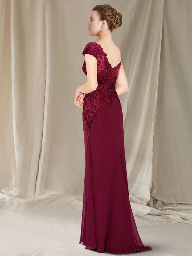 DingjiA-Line Mother of the Bride Dress Elegant Jewel Neck Sweep / Brush Train Chiffon Lace Short Sleeve with Appliques
