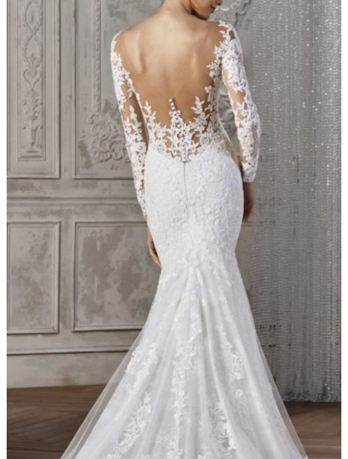 Engagement Open Back Formal Wedding Dresses Mermaid / Trumpet V Neck Long Sleeve Court Train Satin Bridal Gowns With Beading Lace Insert