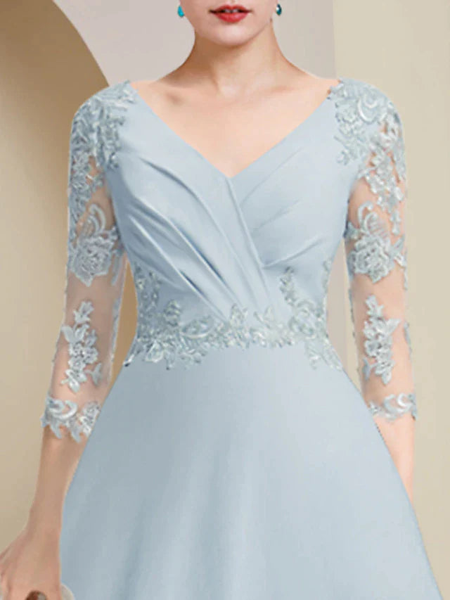 DingjiA-Line Mother of the Bride Dress Party Elegant V Neck Asymmetrical Lace Stretch Chiffon 3/4 Length Sleeve with Pleats Ruching