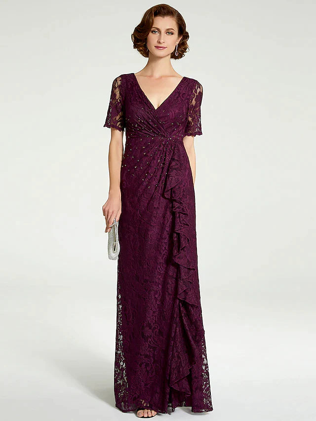DingjiSheath / Column Mother of the Bride Dress V Neck Floor Length Lace Short Sleeve with Lace Beading