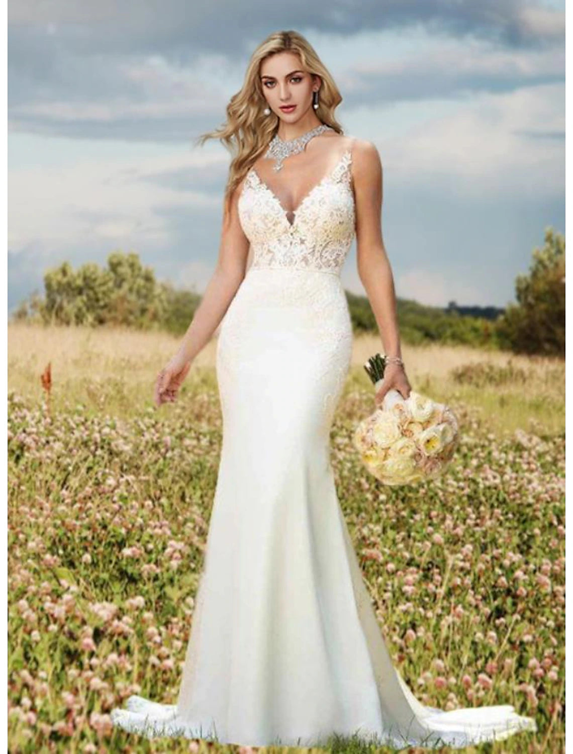 Engagement Open Back Sexy Formal Wedding Dresses Mermaid / Trumpet V Neck Sleeveless Court Train Lace Bridal Gowns With Appliques 2023 Summer Wedding Party,