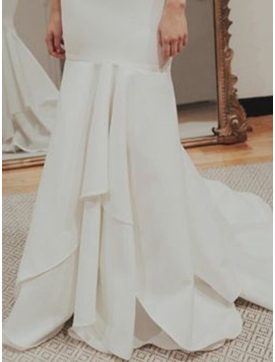 Casual Wedding Dresses Mermaid / Trumpet Off Shoulder Short Sleeve Sweep / Brush Train Stretch Fabric Bridal Gowns With Pleats