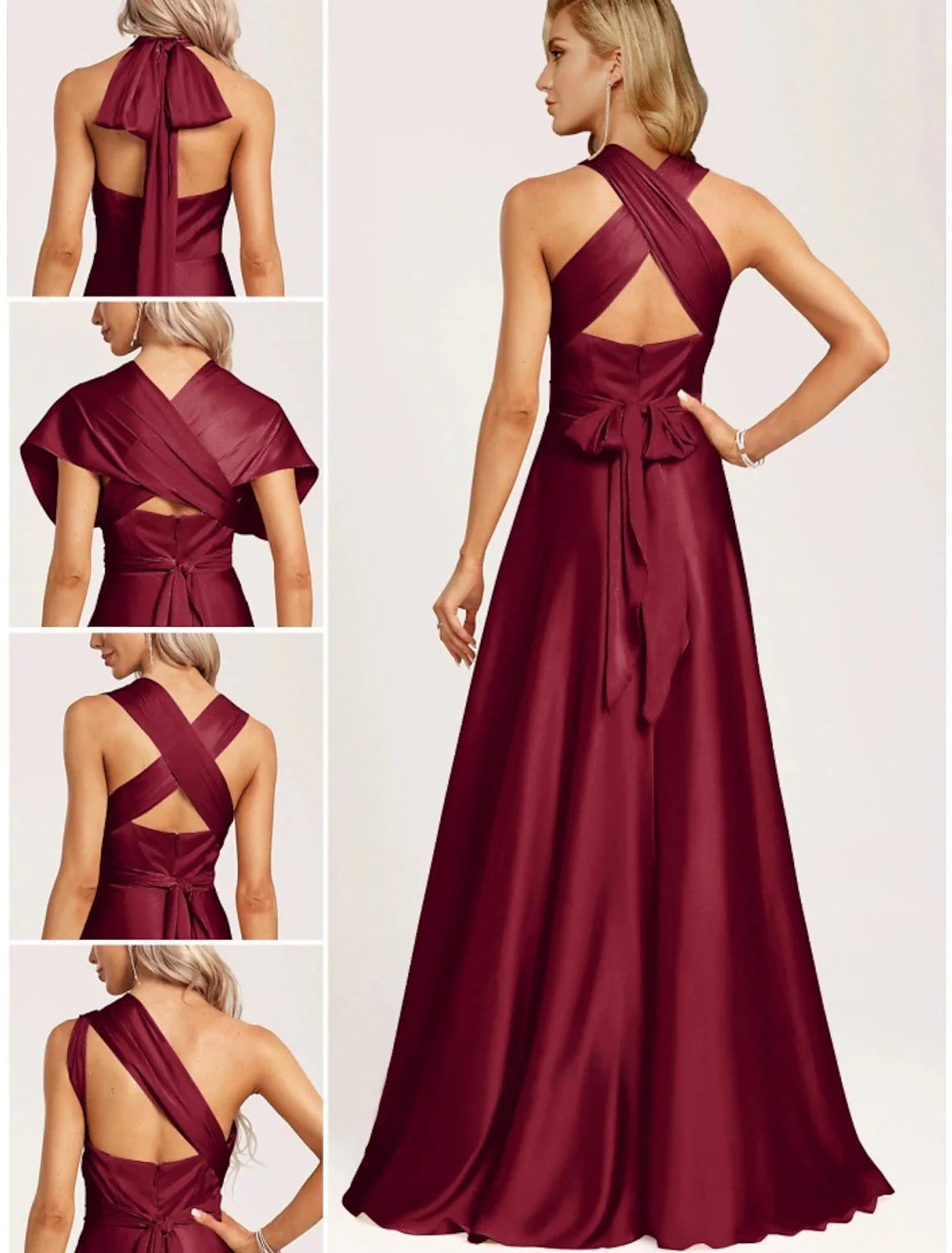 DingjiA-Line Bridesmaid Dress Halter Neck Sleeveless Elegant Floor Length Stretch Satin with Split Front / Ruching