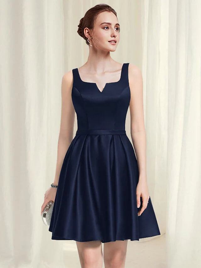 DingjiA-Line Cocktail Dresses Minimalist Dress Homecoming Short / Mini Sleeveless Scoop Neck Satin with Pleats