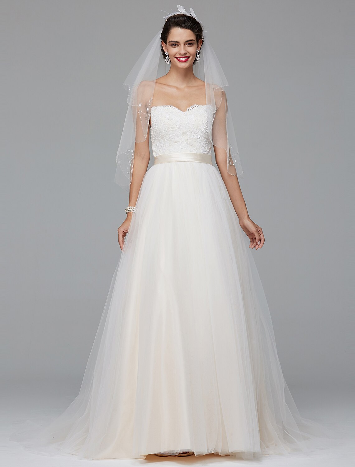 A-Line Wedding Dresses Sweetheart Neckline Court Train Lace Tulle Sleeveless Wedding Dress in Color with Sash / Ribbon Buttons