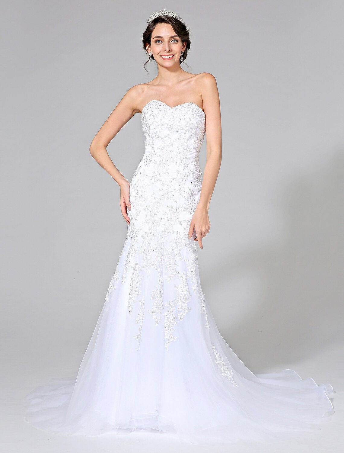 Wedding Dresses Mermaid / Trumpet Sweetheart Sleeveless Sweep / Brush Train Tulle Bridal Gowns With Crystal Beading