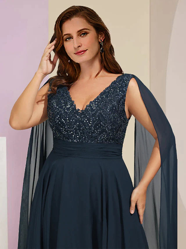 DingjiPlus Size Curve Mother of the Bride Dress Formal Party Elegant V Neck Floor Length Chiffon Lace Sleeveless with Pleats Sequin