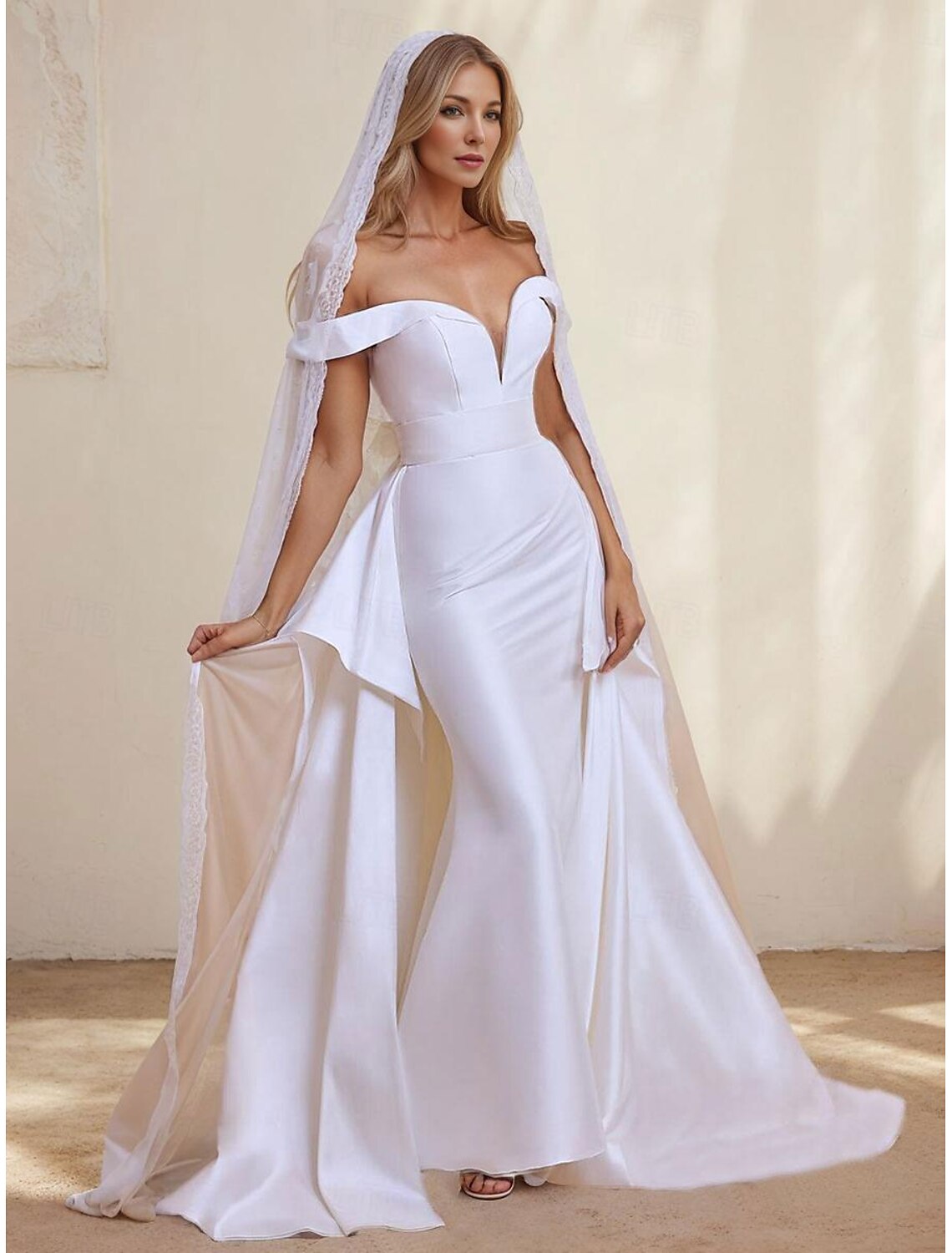 Hall Wedding Dresses Mermaid / Trumpet Sweetheart Short Sleeve Floor Length Satin Bridal Gowns With Solid Color