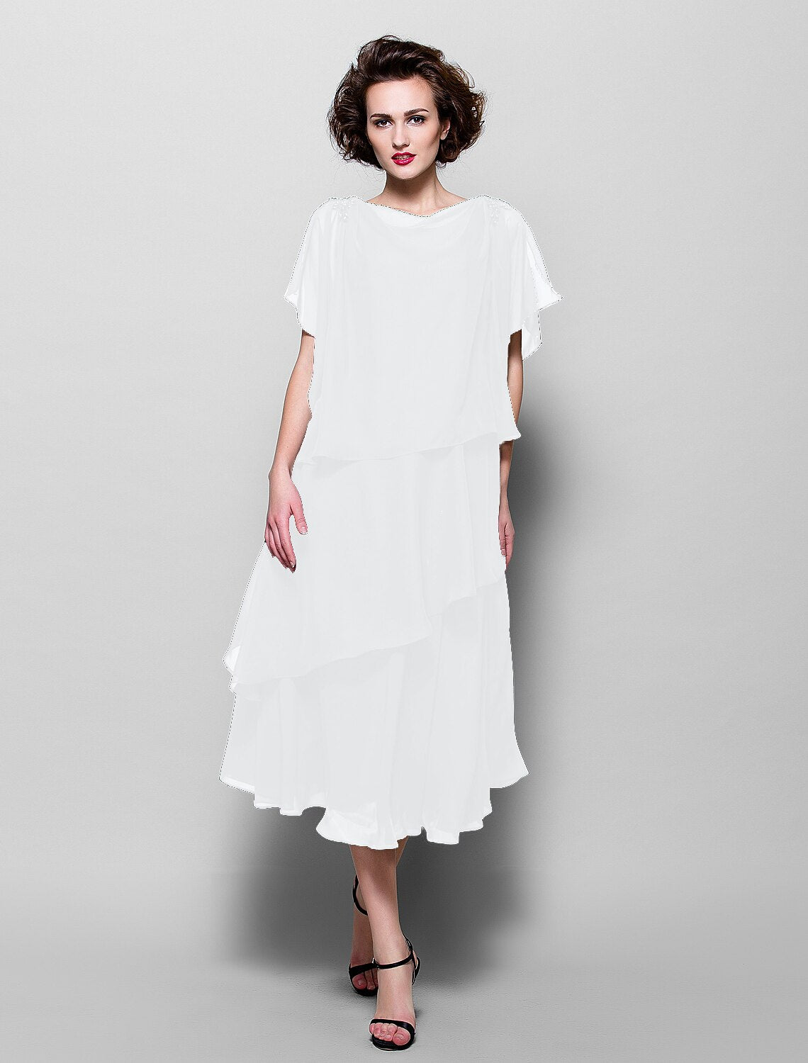 A-Line Mother of the Bride Dress Plus Size Elegant Cowl Neck Tea Length Chiffon Short Sleeve with Ruffles Crystal Brooch
