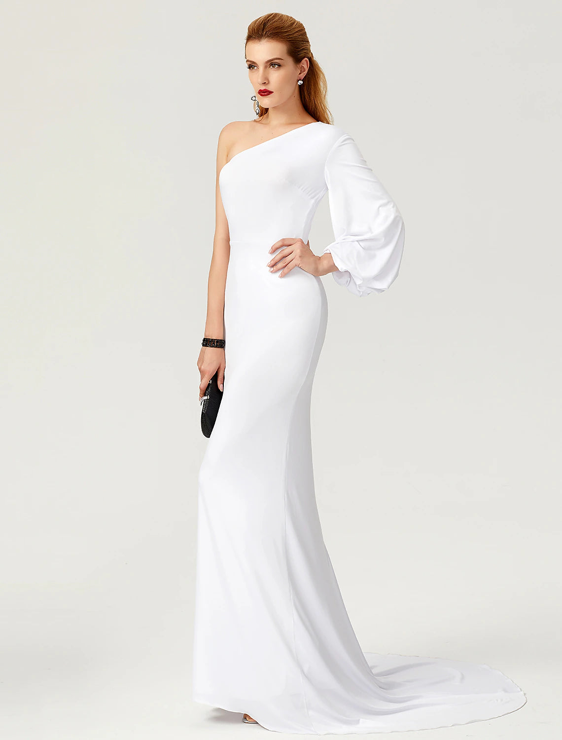 Mermaid / Trumpet Celebrity Style Dress Engagement Formal Evening Court Train Long Sleeve One Shoulder Jersey with Pleats