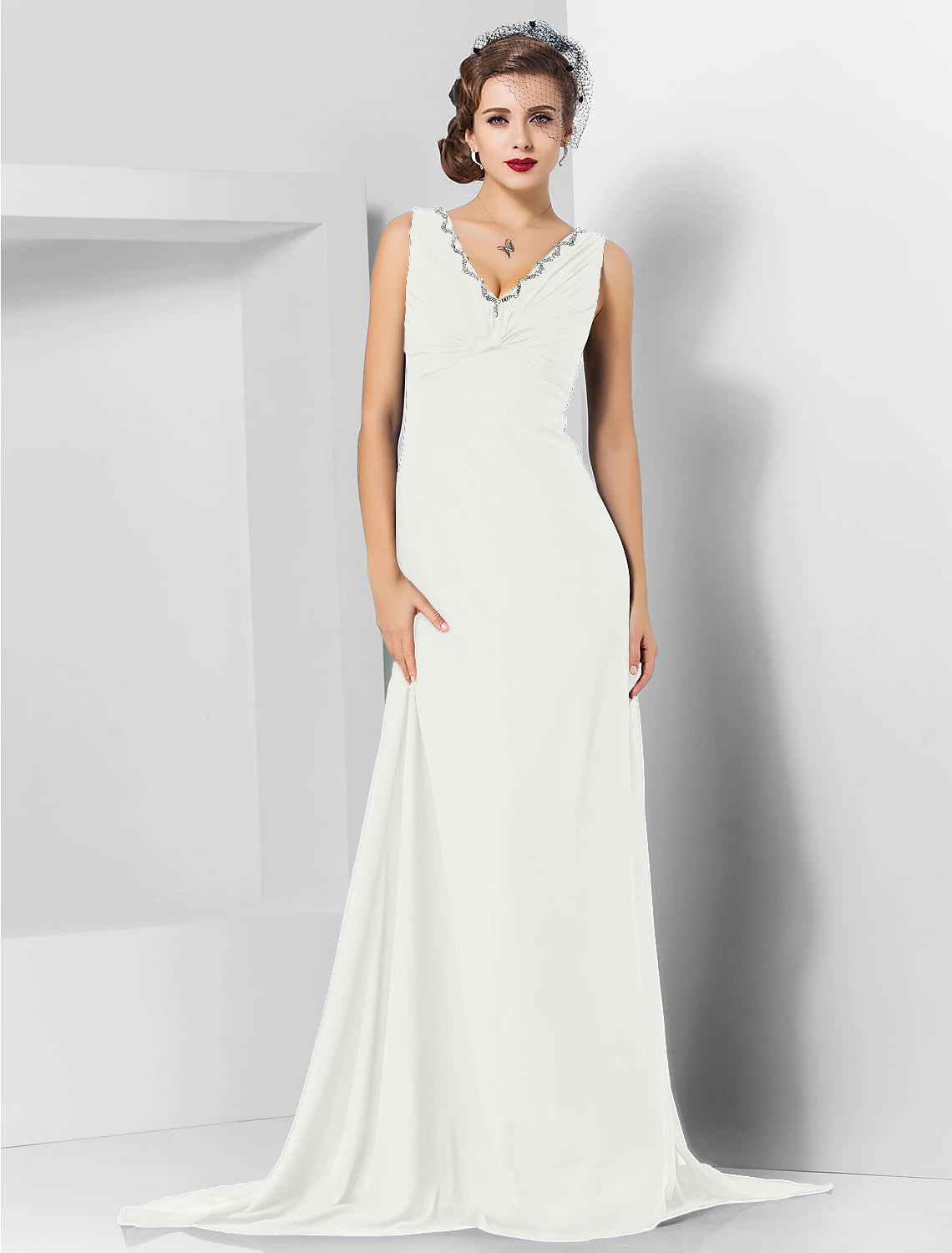 Sheath / Column Elegant Engagement Formal Evening Dress V Neck Sleeveless Sweep / Brush Train Chiffon with Crystals Draping