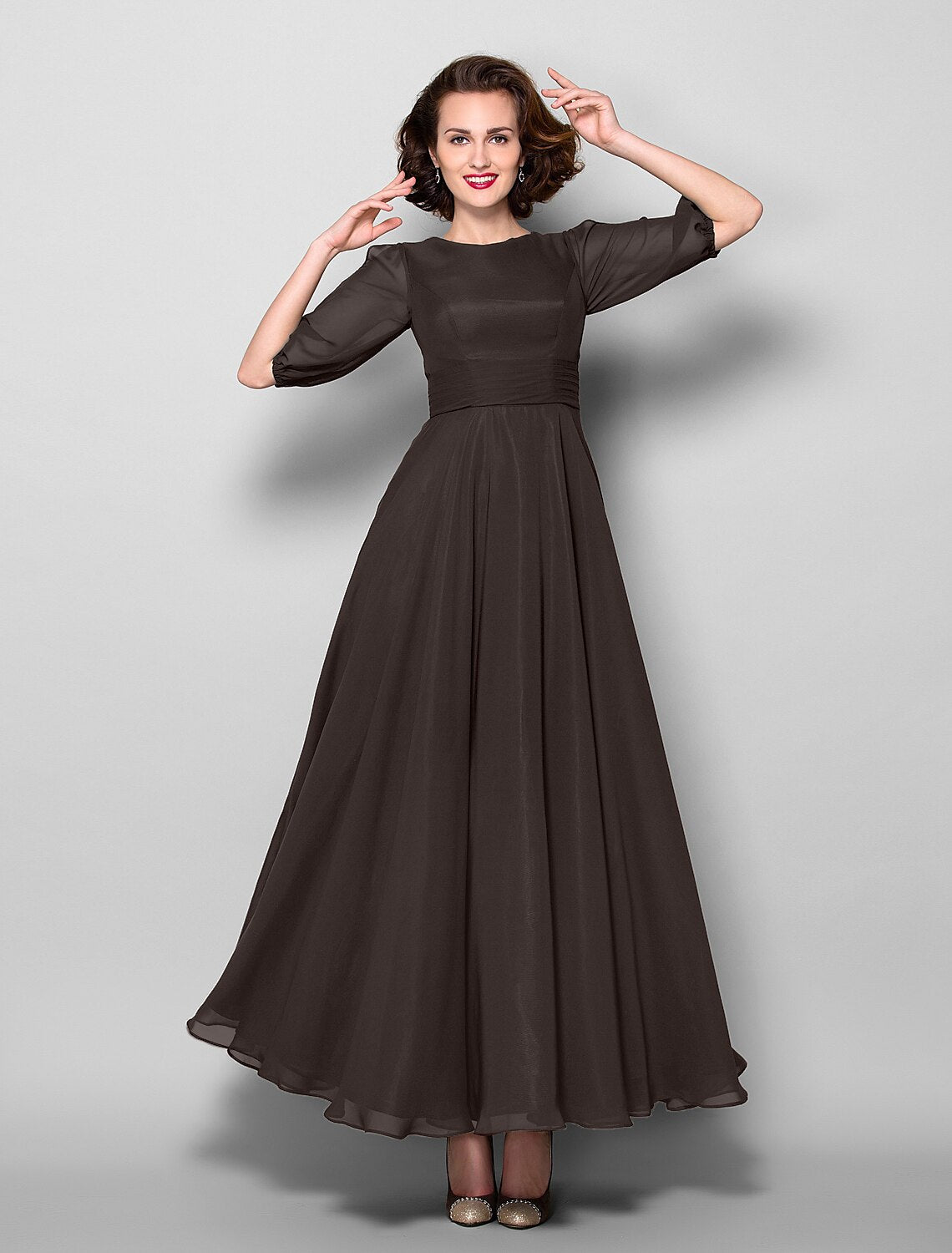 A-Line Mother of the Bride Dress Elegant Jewel Neck Ankle Length Chiffon Half Sleeve with Sash / Ribbon Ruched