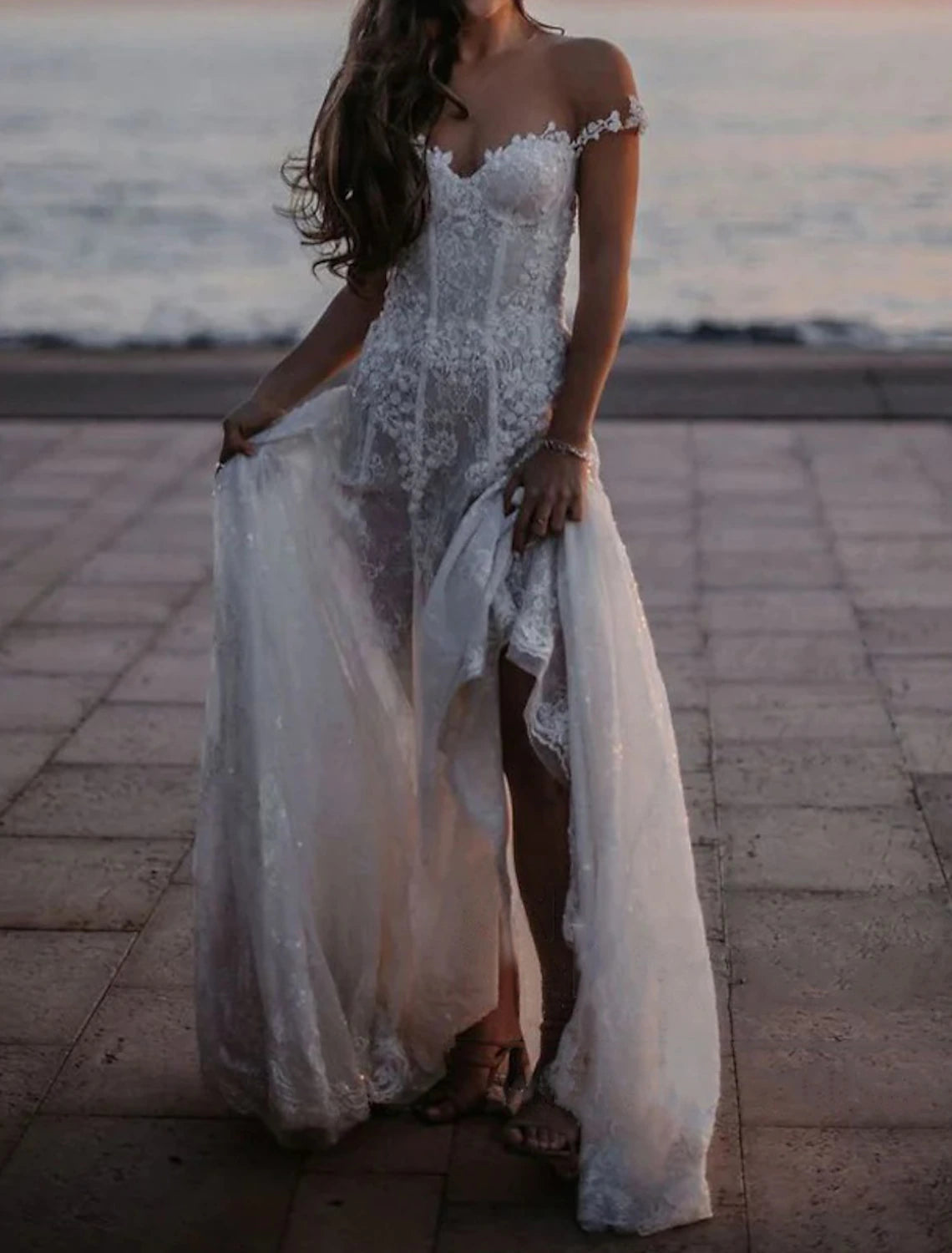 Beach Open Back Boho Wedding Dresses A-Line Off Shoulder Cap Sleeve Court Train Lace Bridal Gowns With Appliques Solid Color Summer Fall Wedding Party , Women's Clothing