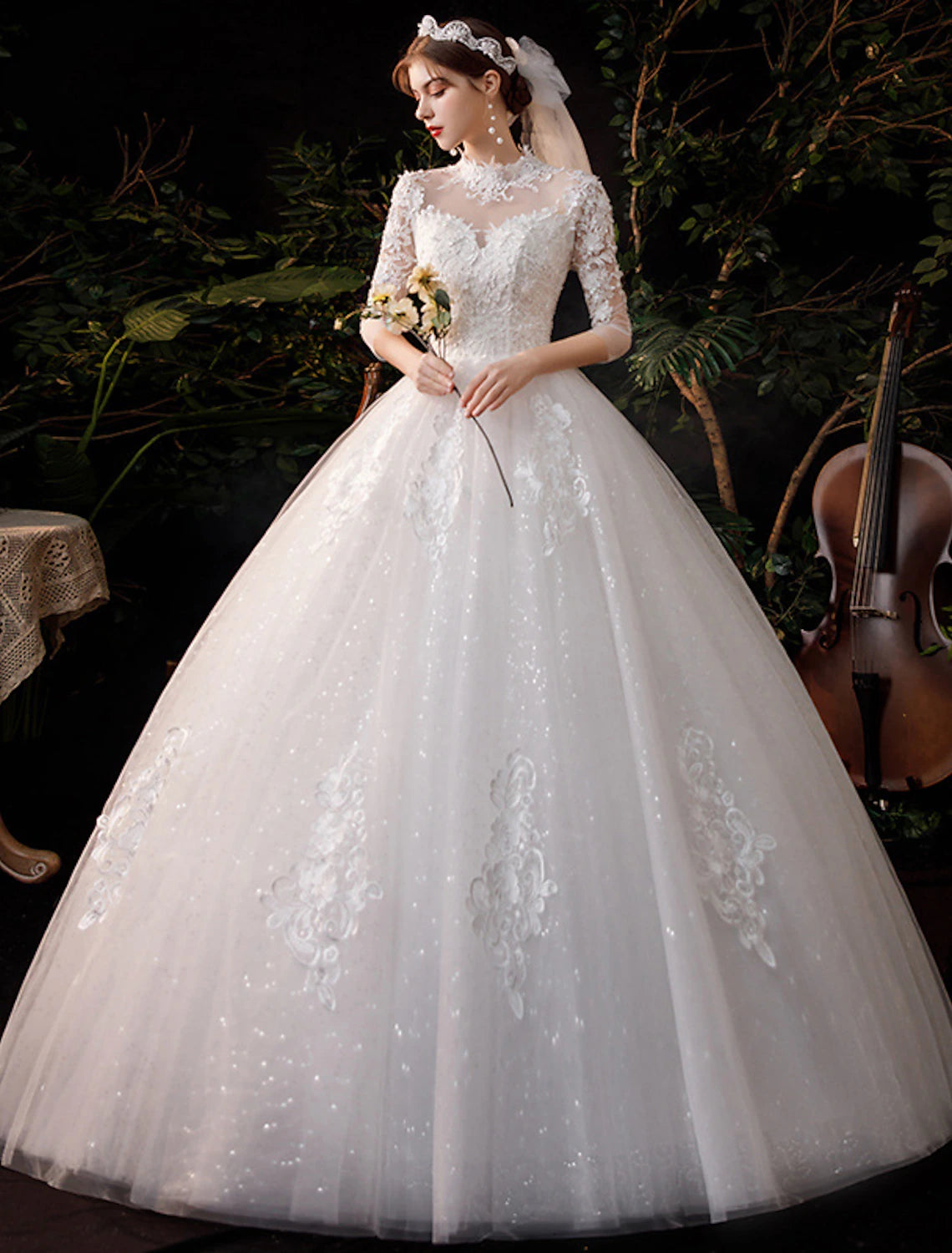 Wedding Dresses Floor Length Ball Gown Half Sleeve High Neck Lace With Appliques Bridal Gowns