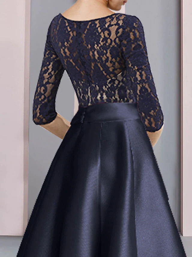 A-Line Mother of the Bride Dress Wedding Guest Vintage Elegant V Neck Ankle Length Satin Lace Half Sleeve with Bow(s) Pleats