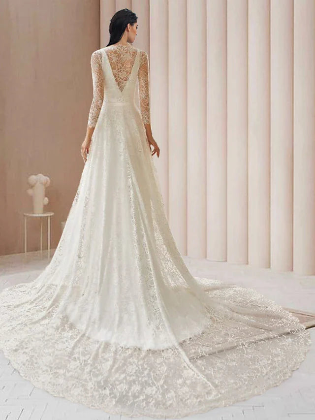 DingjiEngagement Open Back Formal Wedding Dresses Court Train Two Piece Long Sleeve V Neck Lace With Bow(s)