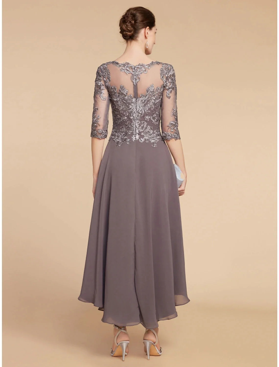 A-Line Mother of the Bride Dress Wedding Guest Elegant Vintage Scoop Neck Asymmetrical Chiffon Lace Half Sleeve with Ruching Solid Color