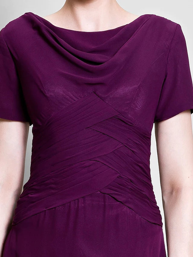 DingjiA-Line Mother of the Bride Dress Cowl Neck Tea Length Chiffon Short Sleeve with Ruched Side Draping