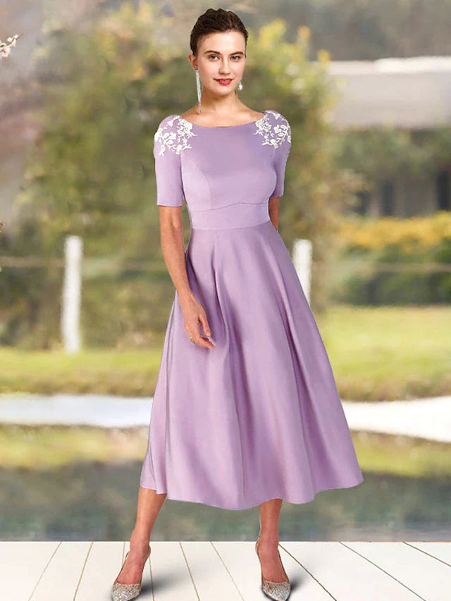 A-Line Mother of the Bride Dress Elegant Sweet Jewel Neck Tea Length Charmeuse Short Sleeve with Appliques