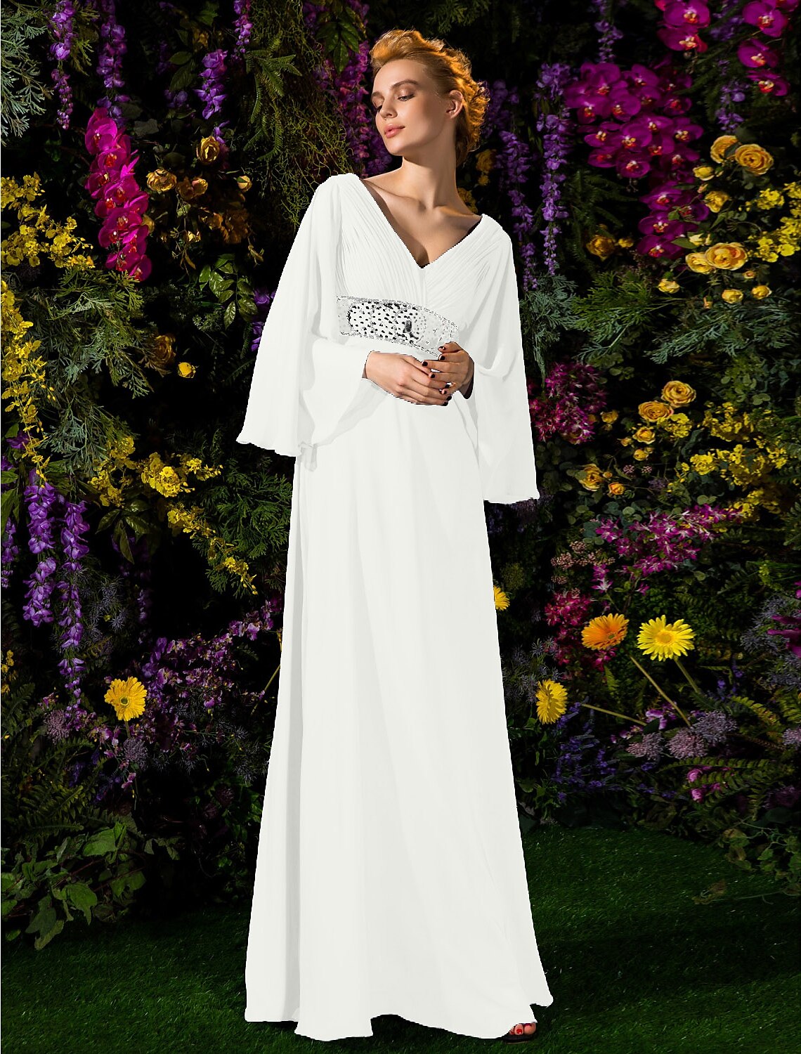 A-Line Mother of the Bride Dress Vintage Inspired V Neck Floor Length Chiffon Long Sleeve with Crystals Beading Side Draping