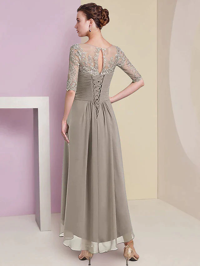 Two Piece A-Line Mother of the Bride Dress Formal Wedding Guest Elegant High Low V Neck Asymmetrical Tea Length Chiffon Lace Half Sleeve Wrap Included with Ruched Appliques