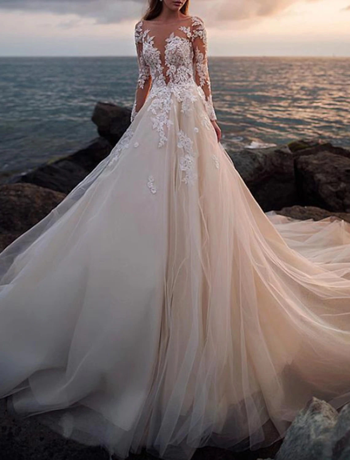 Beach Open Back Wedding Dresses A-Line Illusion Neck Long Sleeve Court Train Lace Bridal Gowns With Appliques Summer Fall Wedding Party , Women's Clothing