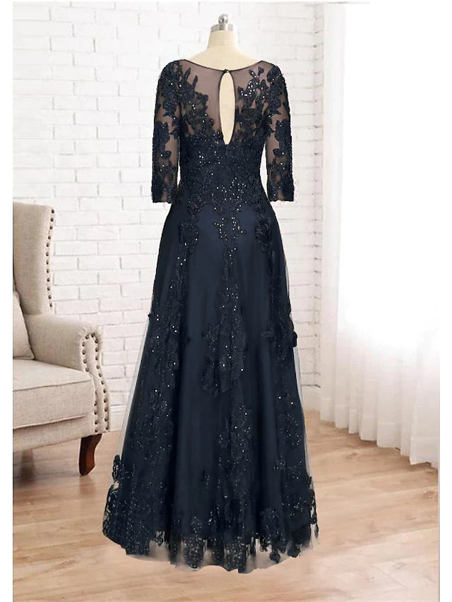 A-Line Mother of the Bride Dress Luxurious Elegant Jewel Neck Floor Length Lace Tulle Imitated Silk 3/4 Length Sleeve with Sequin Appliques