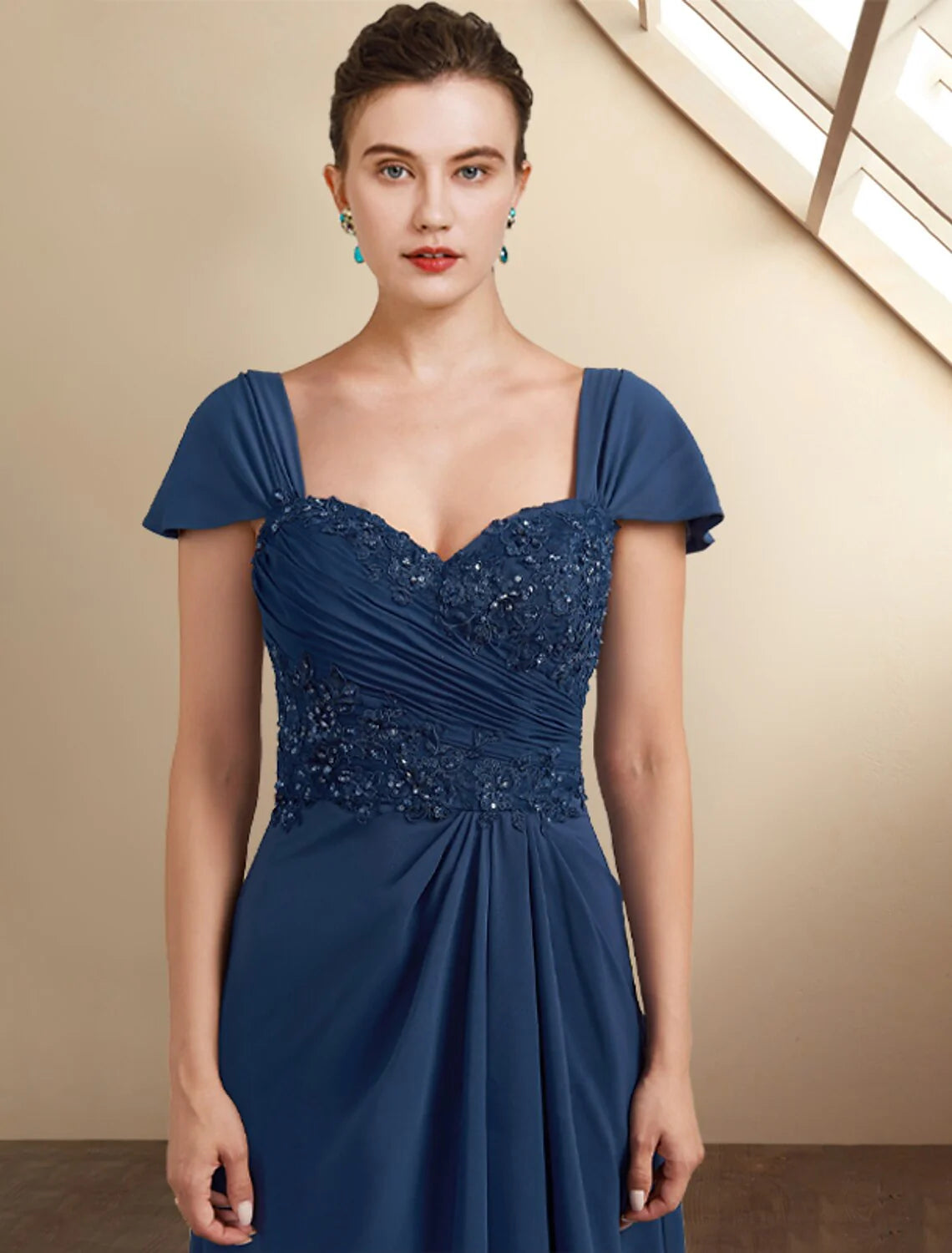 DingjiA-Line Mother of the Bride Dress Wedding Guest Elegant High Low Square Neck Asymmetrical Tea Length Chiffon Lace Cap Sleeve Fall Wrap Included with Sequin Appliques Side-Draped