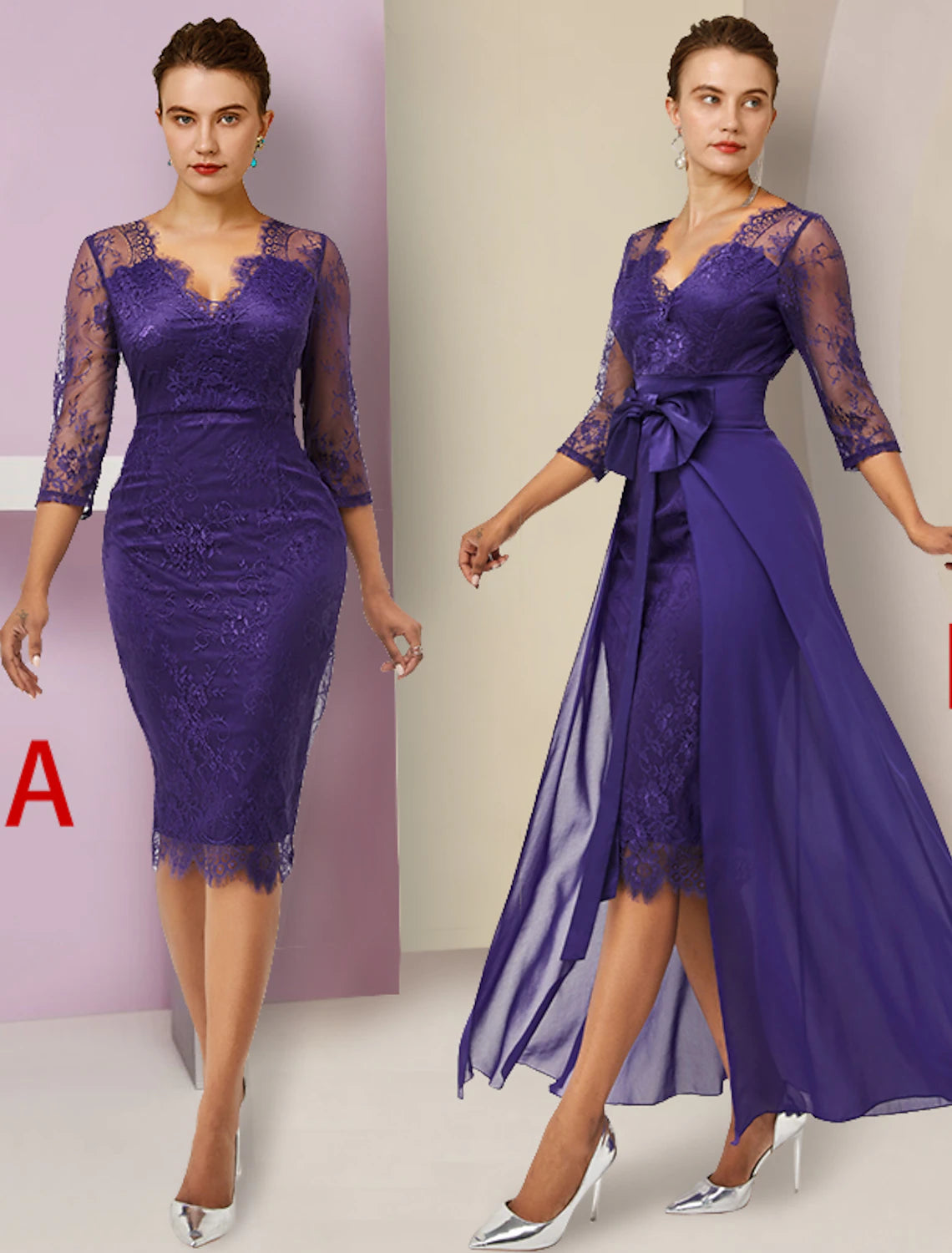 Two Piece Sheath / Column Mother of the Bride Dress Formal Fall Wedding Guest Elegant detachable V Neck Knee Length Chiffon Lace 3/4 Length Sleeve with Bow(s) 2023