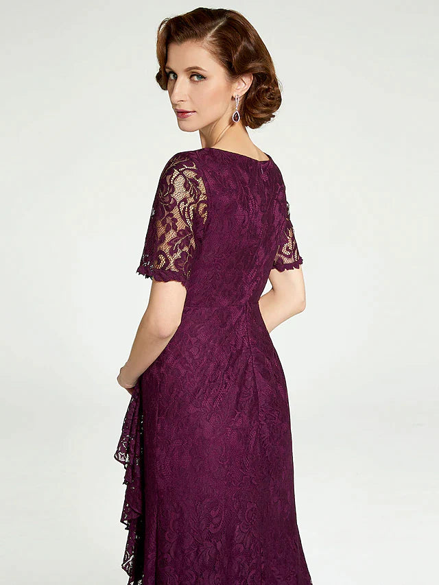 DingjiSheath / Column Mother of the Bride Dress V Neck Floor Length Lace Short Sleeve with Lace Beading