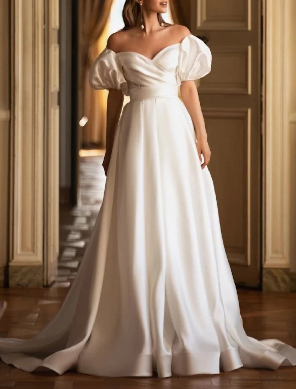 Hall Vintage Formal Wedding Dresses A-Line Off Shoulder Short Sleeve Court Train Satin Bridal Gowns With Ruched Solid Color
