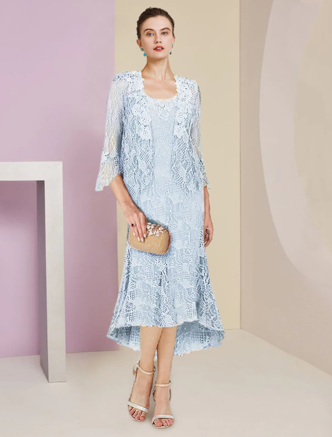 Two Piece Mermaid / Trumpet Mother of the Bride Dress Formal Wedding Guest Elegant High Low Scoop Neck Asymmetrical Tea Length Lace Sleeveless Wrap Included with Solid Color 2023