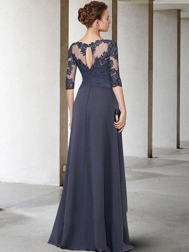 A-Line Mother of the Bride Dress Plus Size Elegant Jewel Neck Floor Length Chiffon Lace 3/4 Length Sleeve with Pleats Ruched Appliques