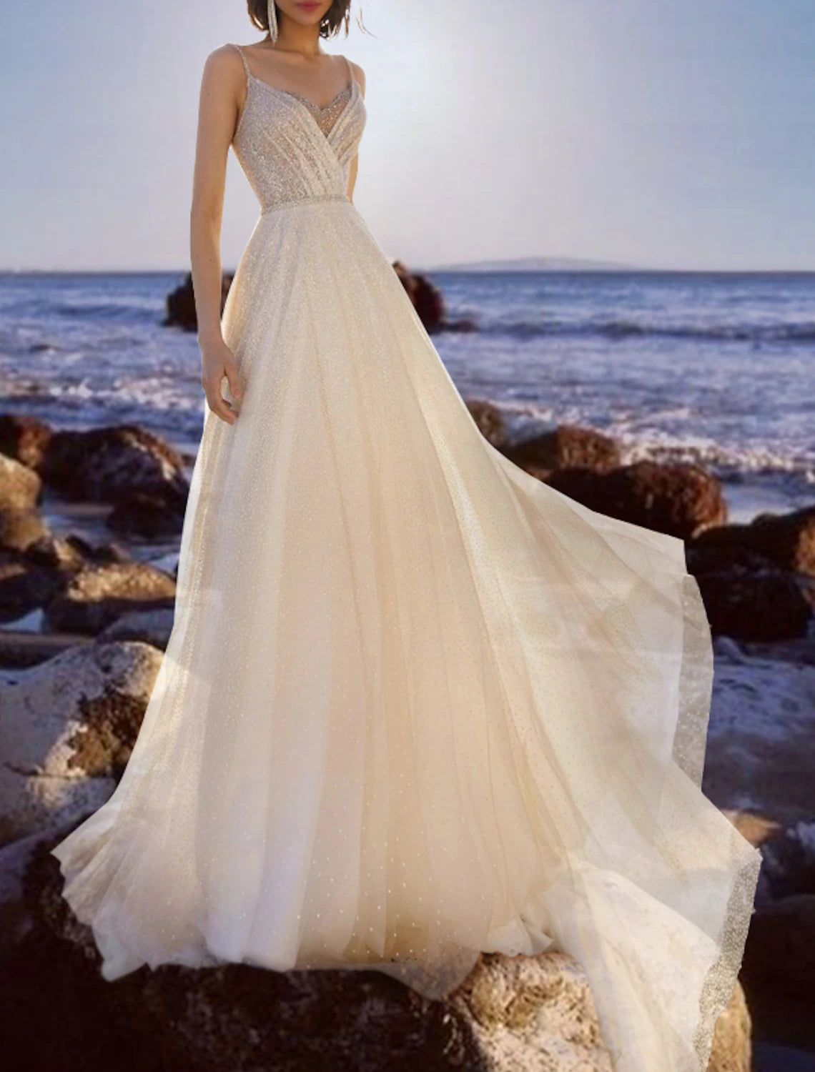 Beach Sparkle & Shine Glitter & Sparkle Wedding Dresses A-Line Camisole V Neck Spaghetti Strap Court Train Sequined Bridal Gowns With Pleats