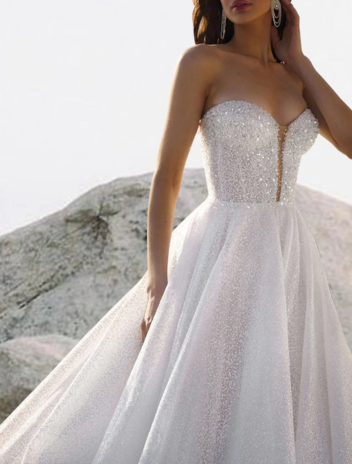 Beach Sparkle & Shine Glitter & Sparkle Wedding Dresses A-Line Sweetheart Strapless Court Train Sequined Bridal Gowns With Pleats Beading