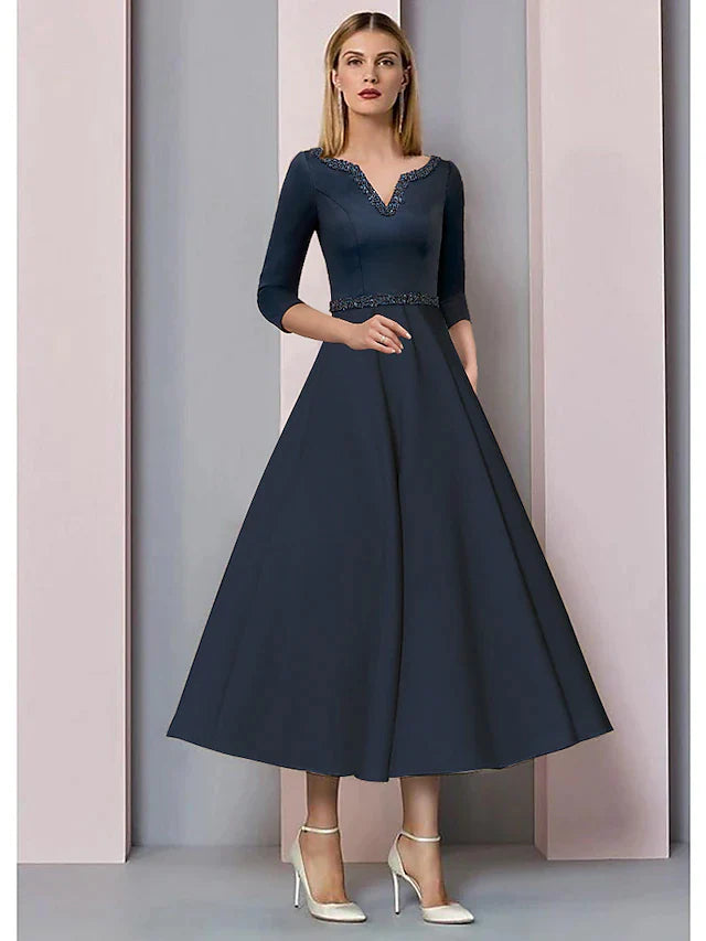 DingjiA-Line Mother of the Bride Dress Wedding Guest Vintage Elegant V Neck Tea Length Satin Short Sleeve with Pleats Beading