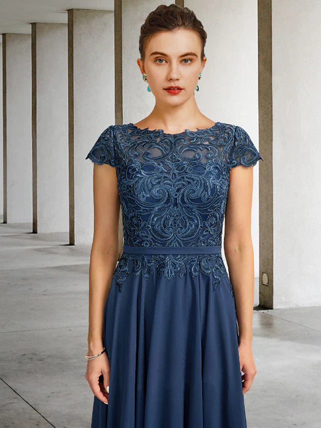 A-Line Mother of the Bride Dress Luxurious Elegant Jewel Neck Tea Length Chiffon Lace Cap Sleeve with Pleats Appliques