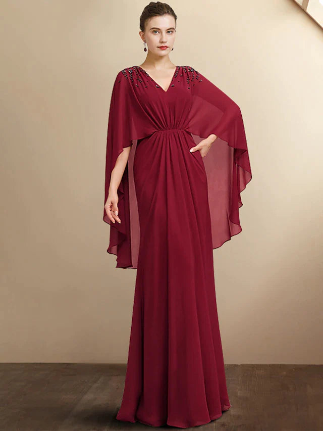 A-Line Mother of the Bride Dress Plus Size Elegant V Neck Floor Length Chiffon Half Sleeve with Pleats Beading Ruffles