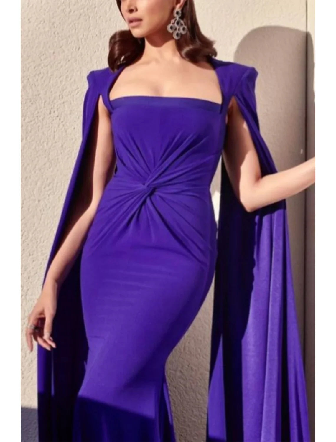 A-Line Evening Gown Elegant Cape Dress Formal Wedding Guest Sweep / Brush Train Sleeveless Square Neck Stretch Fabric with Pleats Ruched