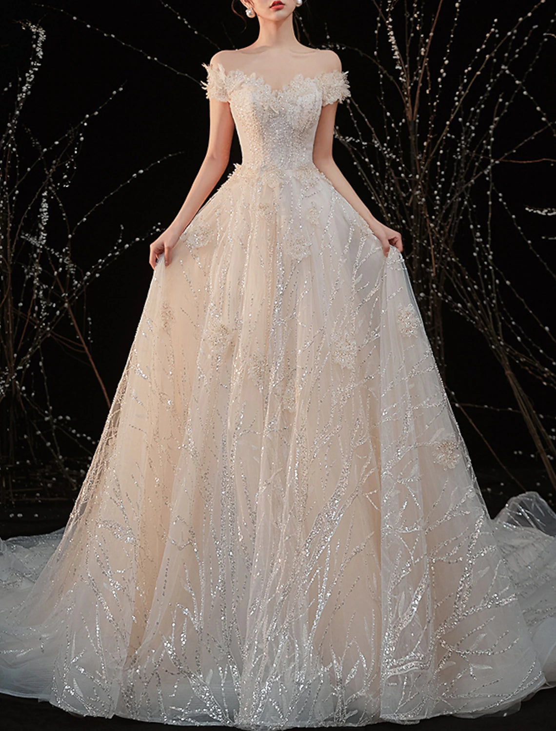 Engagement Formal Fall Wedding Dresses A-Line Off Shoulder Cap Sleeve Gowns With Pleats Appliques Summer Wedding Party, WomCourt Train Sequined Bridal en‘s Clothing