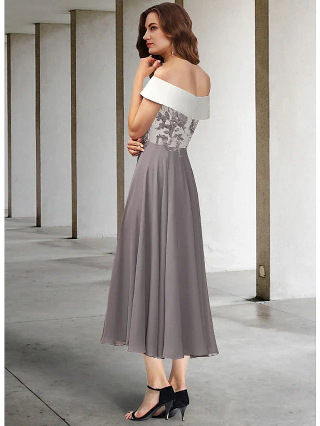 A-Line Mother of the Bride Dress Elegant Off Shoulder Tea Length Chiffon Lace Short Sleeve with Pleats Appliques