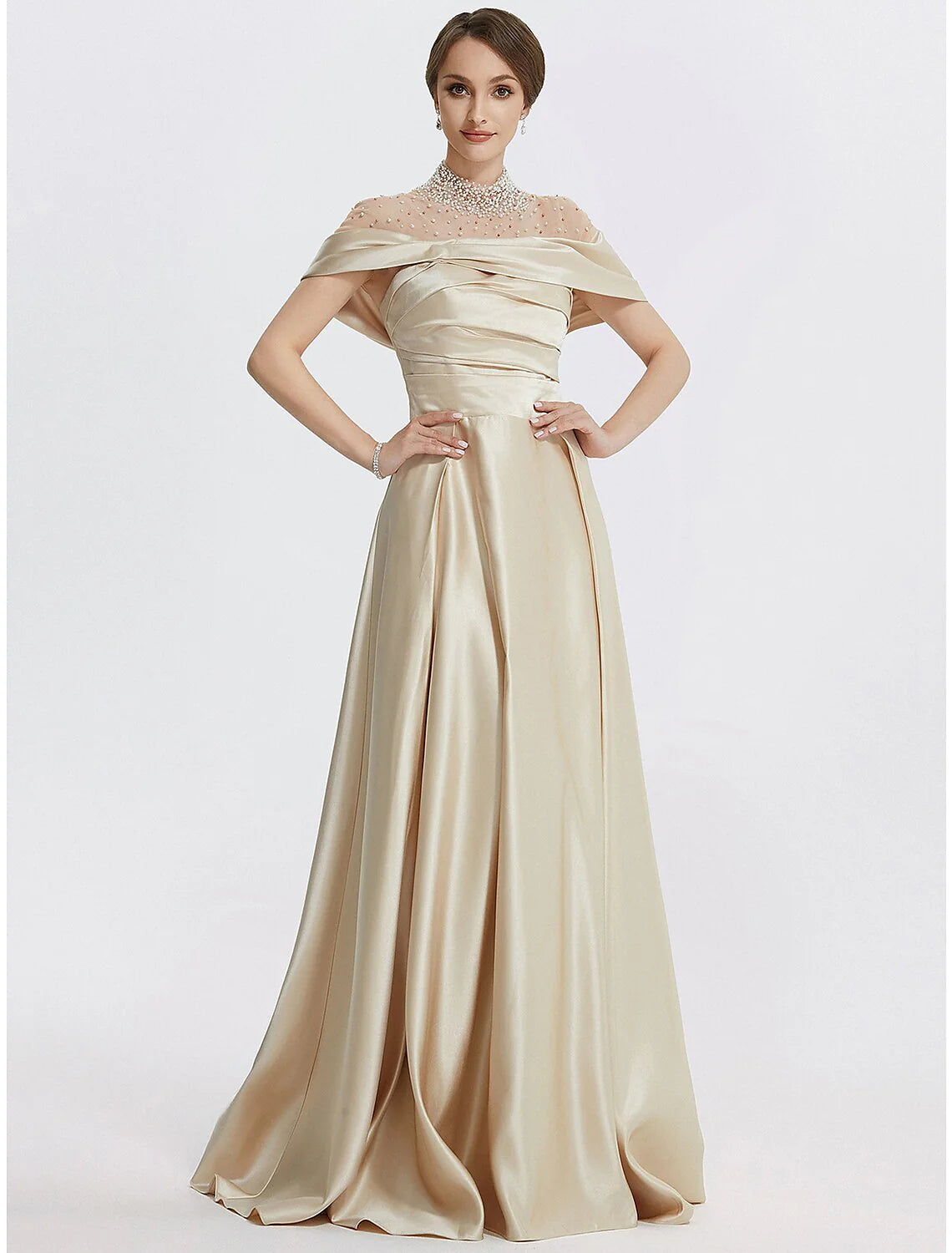 DingjiA-Line Evening Gown Elegant Dress Formal Prom Floor Length Sleeveless High Neck Italy Satin with Ruched Pearls