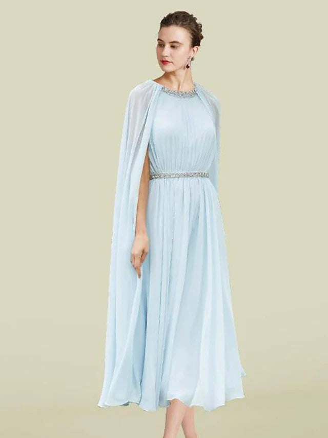 Sheath / Column Mother of the Bride Dress Elegant Jewel Neck Tea Length Chiffon Sleeveless with Pleats Beading Crystal Brooch