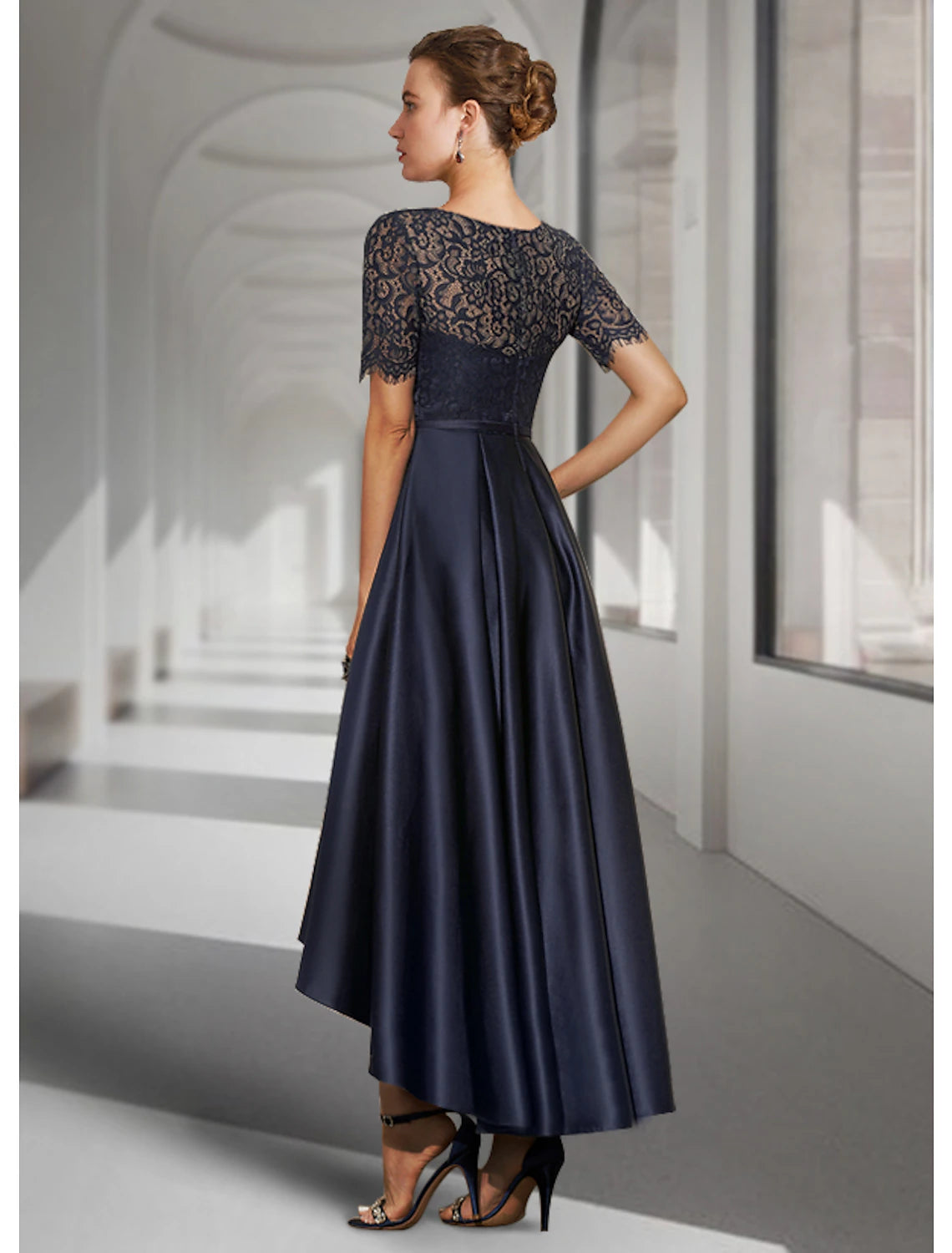 A-Line Mother of the Bride Dress Fall Wedding Guest Elegant High Low Jewel Neck Asymmetrical Tea Length Satin Lace Short Sleeve with Pleats 2023