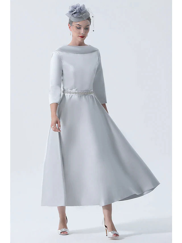 A-Line Mother of the Bride Dress Wedding Guest Vintage Plus Size Elegant Bateau Neck Tea Length Satin 3/4 Length Sleeve with Beading